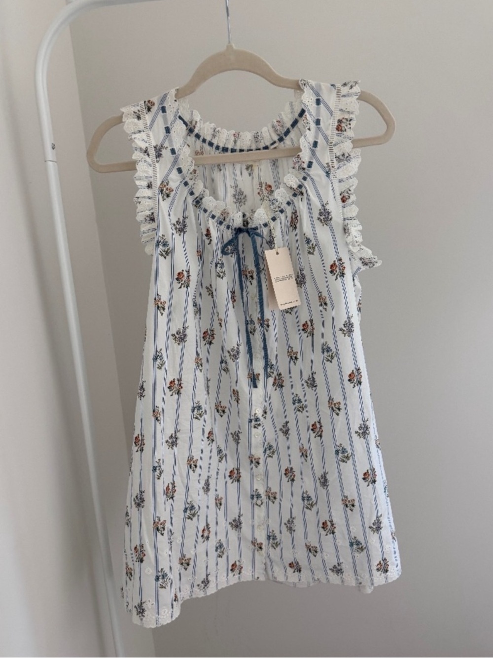 Floral Stripe Ruffle Mini Dress in White and Blue